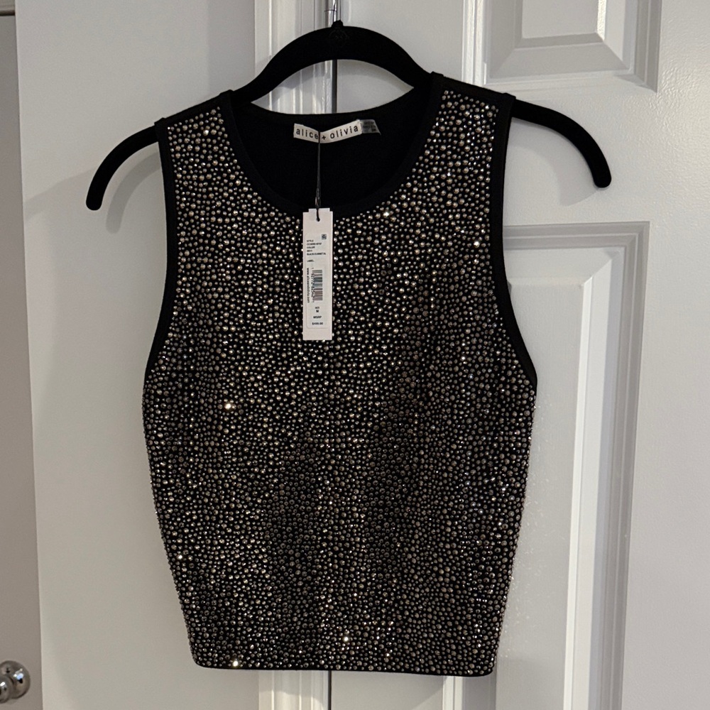 NWT Alice + Olivia Black Rhinestone Top Size Medium